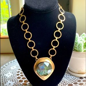 Bold Modern Brass & Abalone Necklace, 19”.